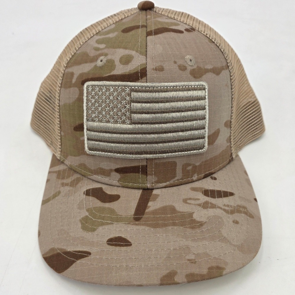 DEWALT TRUCKER HAT SNAPBACK TAN CAMO AMERICAN FLAG PATCH OSFA MESH EMBROIDED NEW